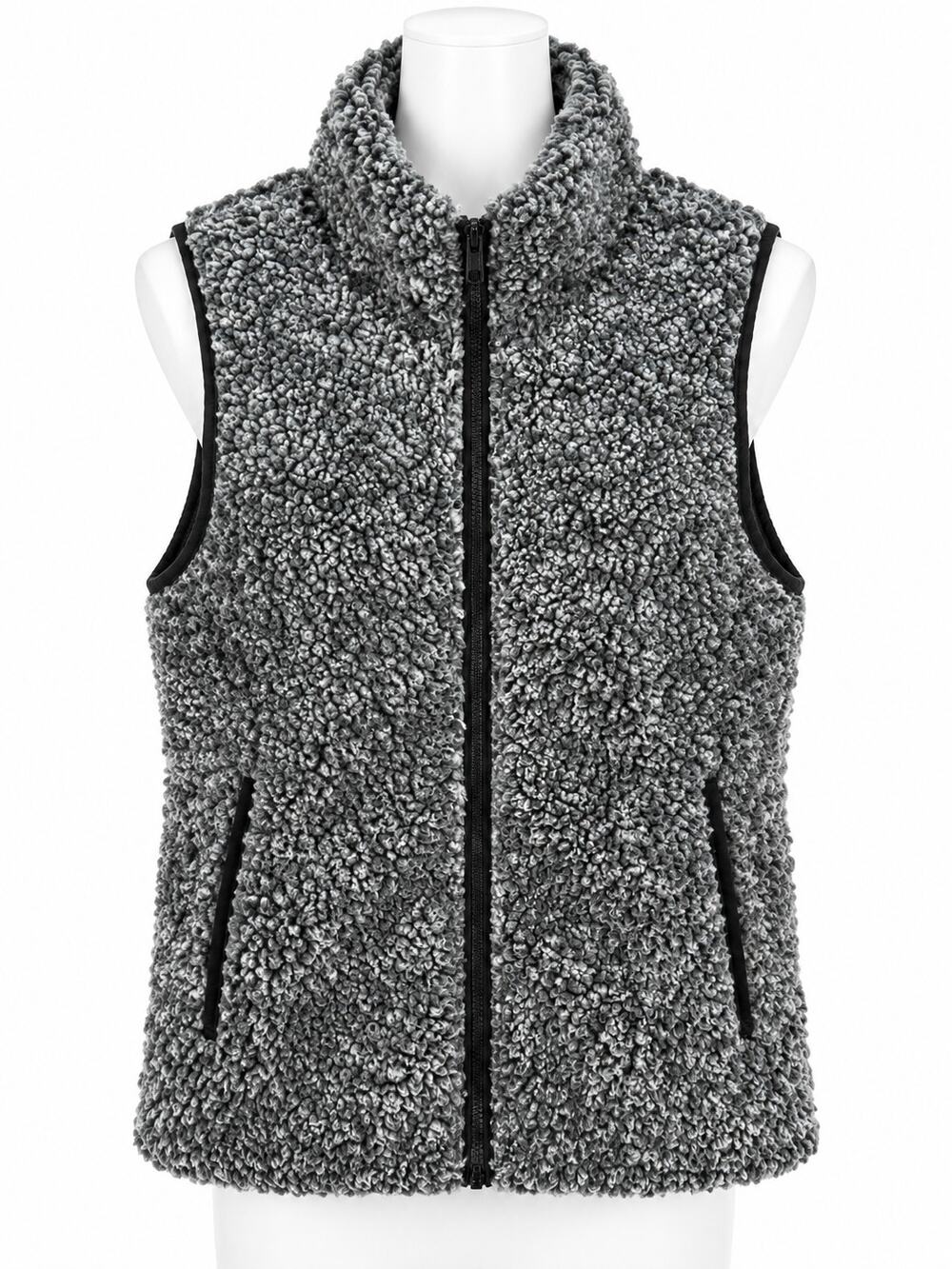 Sherpa Fleece Vest Gray Plush Full Zip High Collar Pockets Womens Small Layer